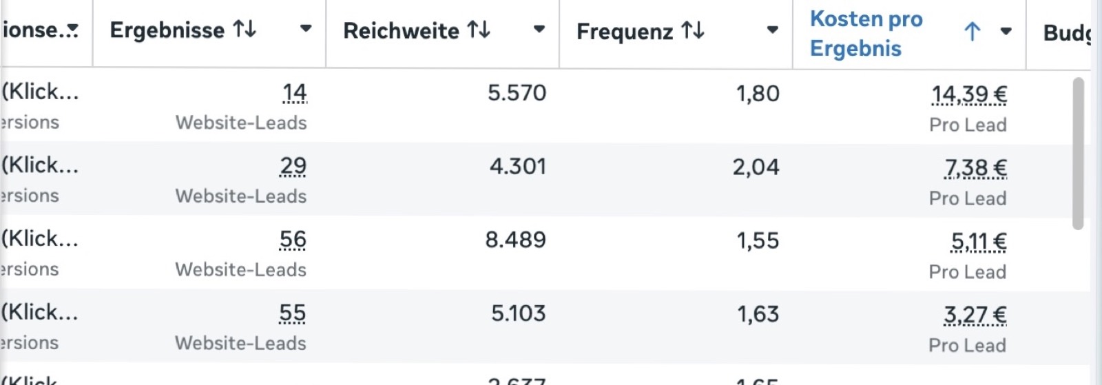 Werbeanzeigenmanager: vier Anzeigengruppen mit Kosten pro Lead zwischen 3,27 und 14,39 Euro und Frequenzwerten zwischen 1,55 und 2,04.